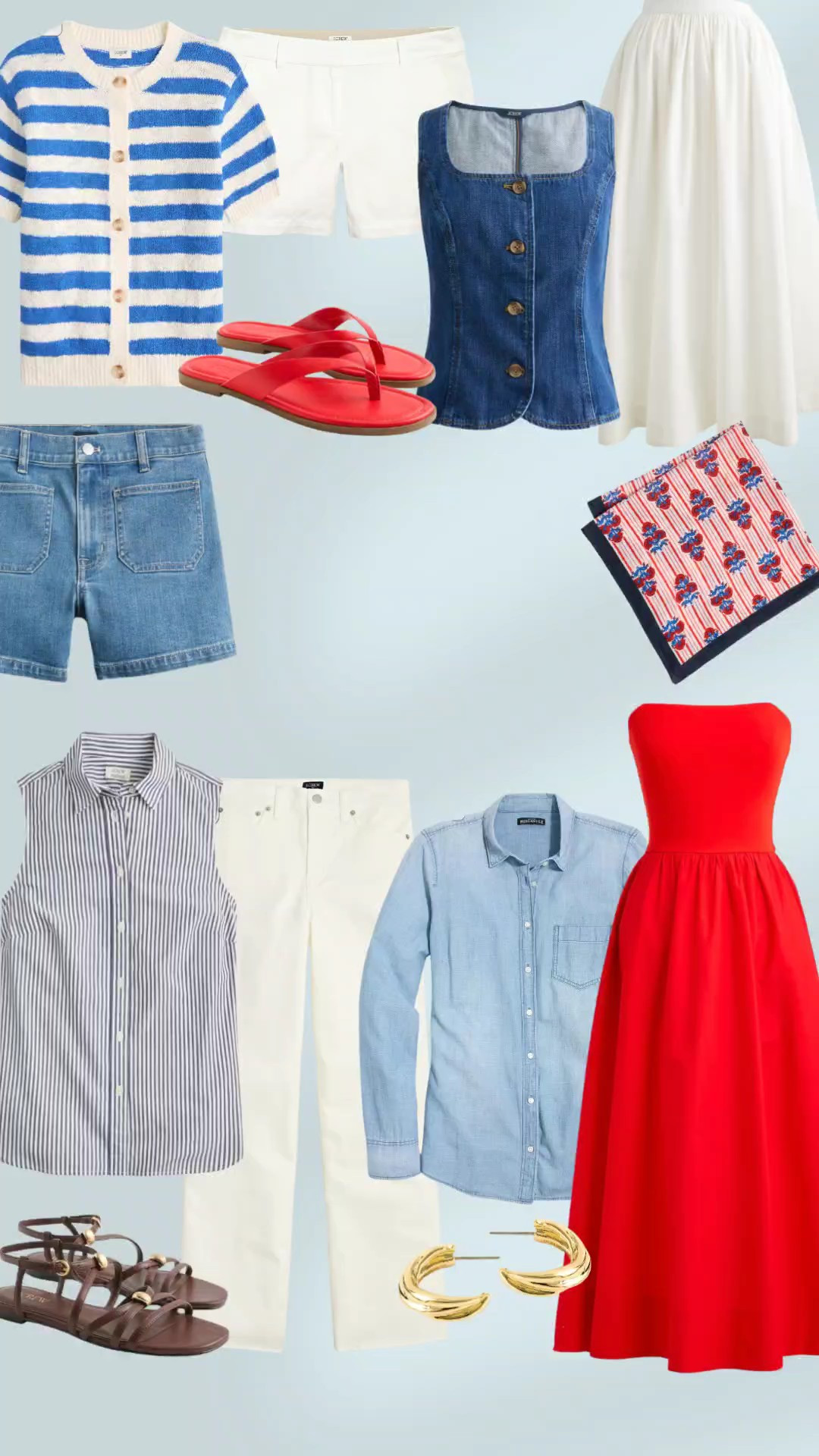J. Crew Factory 4th of July outfit inspo. Summer style. Red white blue. Short sleeve sweater. Bandana. Red flip flops. Shorts. Denim vest. White midi skirt. Linen. Denim shorts. Casual 4th of July. Strapless top

#LTKootd #LTKSeasonal #LTKSaleAlert