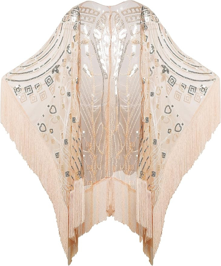 BABEYOND 1920s Sequin Beaded Shawl Wraps Fringed Evening Cape Scarf for Wedding (Champagne) at Am... | Amazon (US)