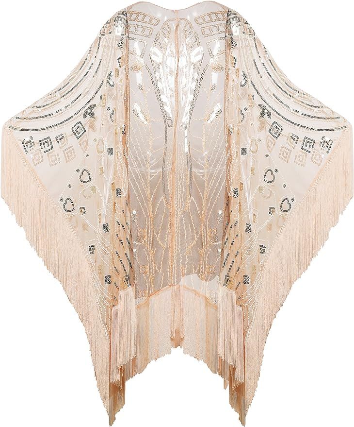 BABEYOND 1920s Sequin Beaded Shawl Wraps Fringed Evening Cape Scarf for Wedding (Champagne) at Am... | Amazon (US)