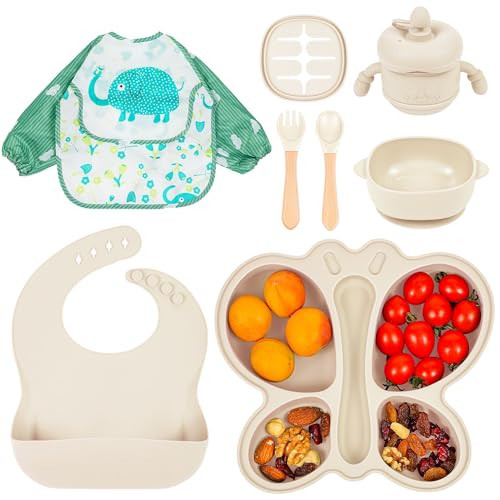 Silicone Baby Feeding Set, Baby Led Weaning Supplies, Silicone Suction Butterfly Plate, Bowl, Spoons, Fork and Waterproof Bib & Cloth Bib, Eating Utensils Baby Feeding Essentials (Beige) | Amazon (US)