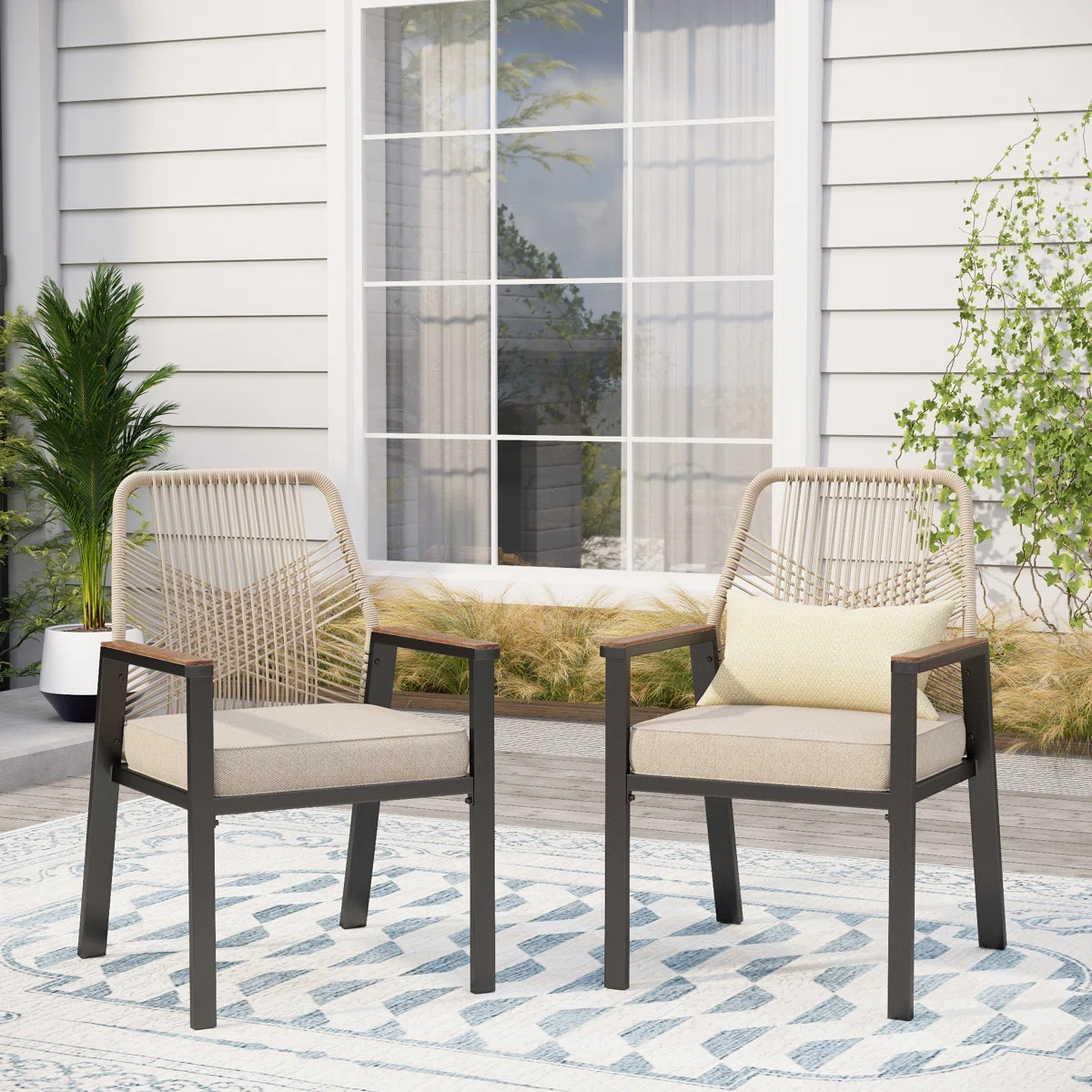 Kerrie Metal Rattan Patio Dining Chair with Cushions (Set of 2) (Set of 2) | Wayfair North America