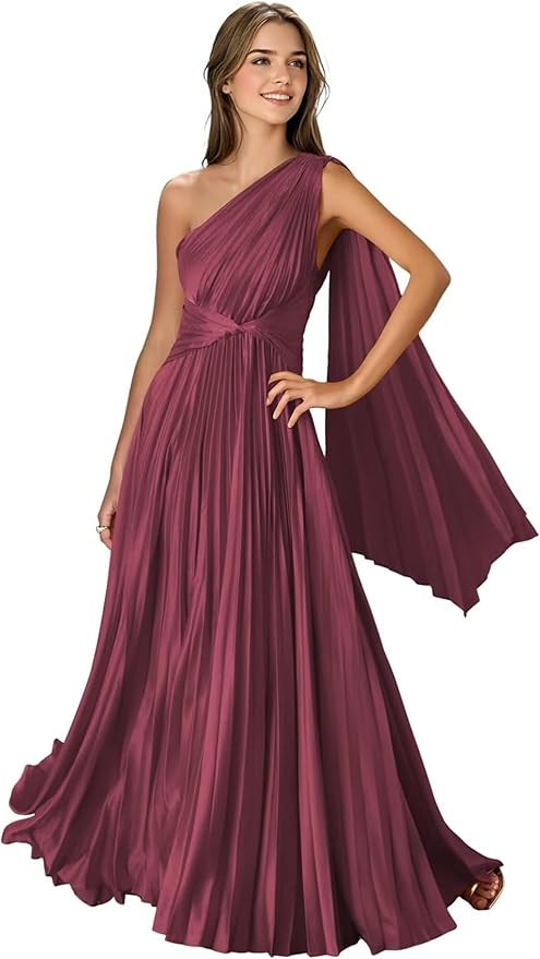 Long Satin Bridesmaid Dresses for Women One Shoulder A Line Pleated Formal Evening Party Gowns | Amazon (US)
