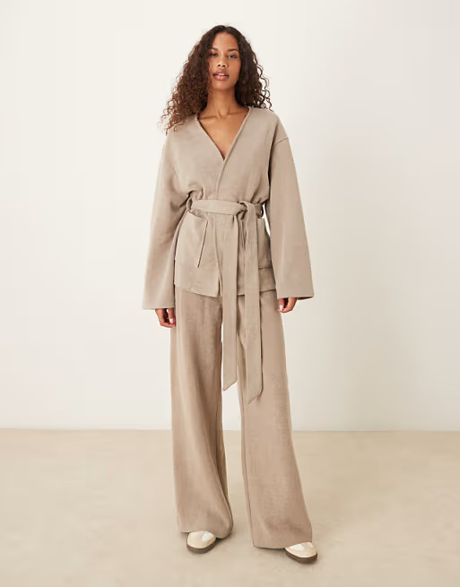 ASOS DESIGN supersoft wide leg and cardigan set in taupe heather | ASOS (Global)