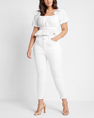 High Waisted White Double Button Cropped Skinny Jeans | Express