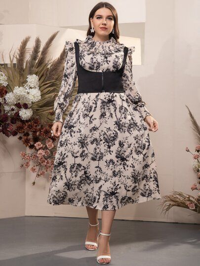 Plus Floral Print Shirred Cuff Ruffle Trim Dress & Tank Top
   SKU: sf2110103812636826      
    ... | SHEIN