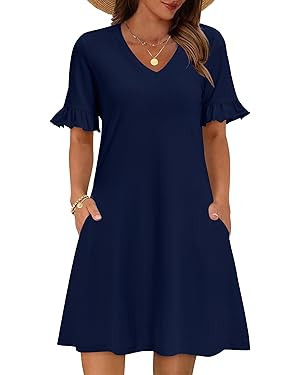 Zeagoo Summer Casual Dresses for Women A Line Sun Dress Ruffle Short Sleeve V Neck Floral Tshirt ... | Amazon (US)