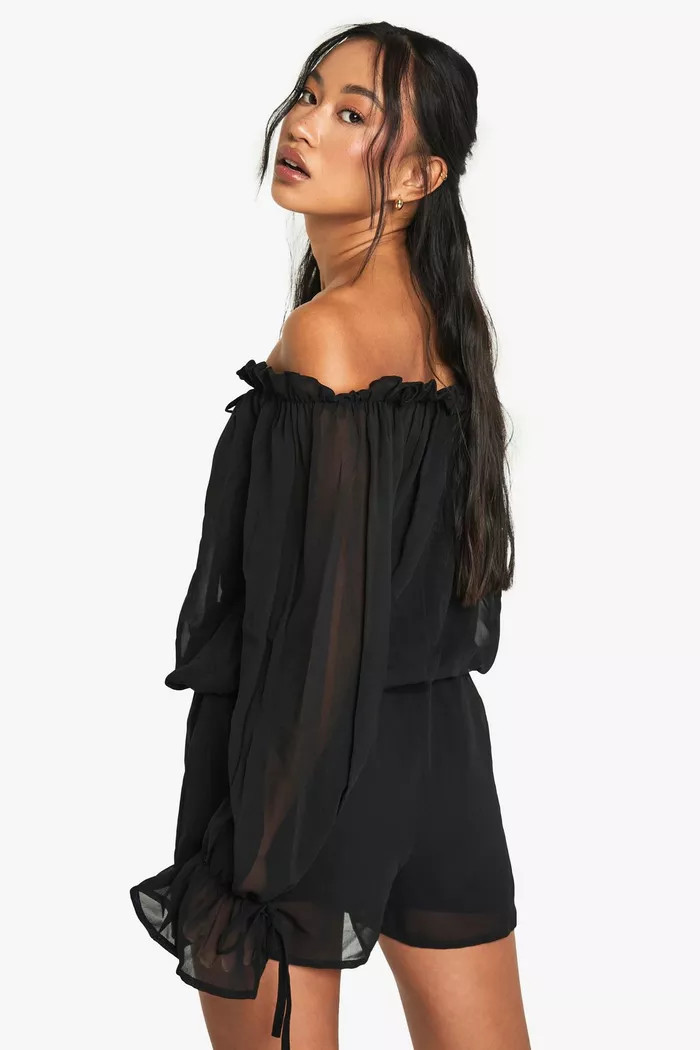 Chiffon Bardot Dropped Waist Playsuit | Boohoo.com (UK & IE)