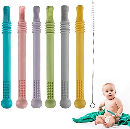Hollow Teether Tubes, 6 Pack Chew Straw Toy for Infant Toddlers Silicone Teething Toys for Babies... | Amazon (US)