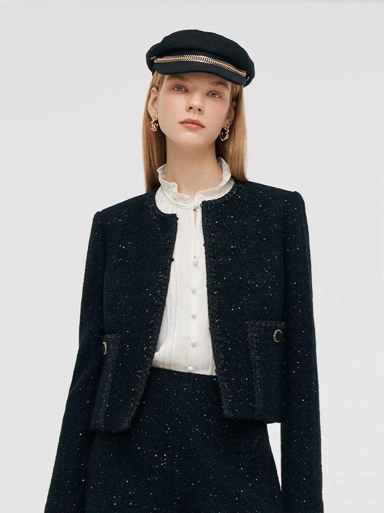 Wool Blend Tweed Sequins Women Crop Jacket | GOELIA