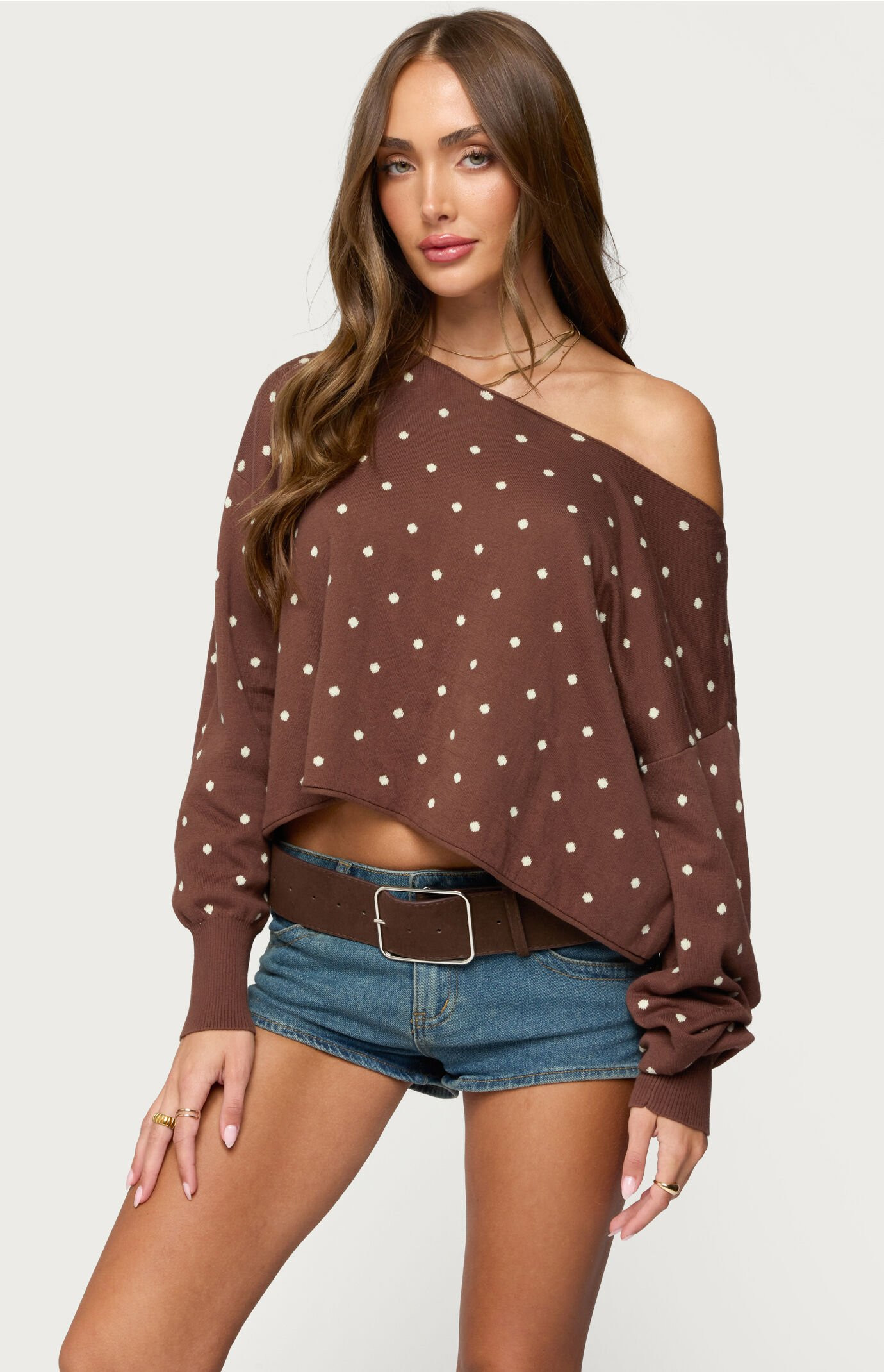 Edikted Women's Oversized Off Shoulder Polka Dot Sweater in Brown - Size Medium | PacSun