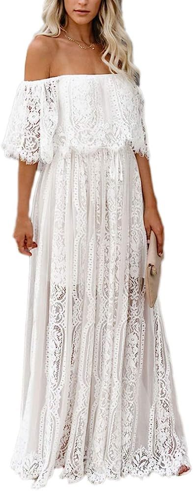 Ecosunny Women's Deep V Neck Short Sleeve Floral Lace Bridesmaid Maxi Dress Party Gown | Amazon (US)