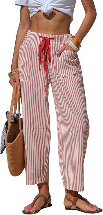 EXLURA Womens Faux Linen Striped Barrel Pants Comfy Drawstring Capri Pant with Pockets Summer Bea... | Amazon (US)