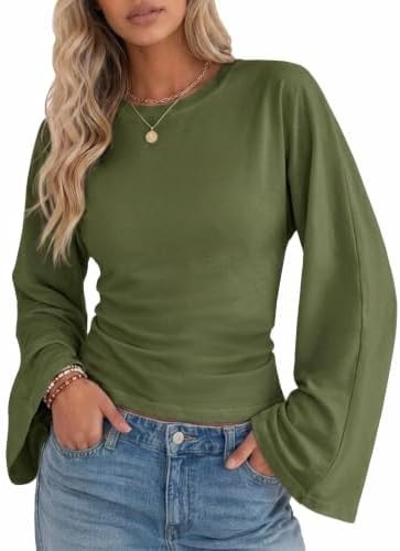 Tankaneo Womens Ruched Long Sleeve Shirts Y2K Bell Sleeve Going Out Tops | Y2K Tops, Date Night O... | Amazon (US)