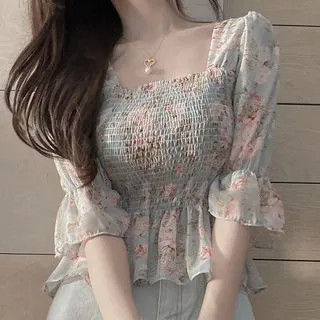 Square Neck Floral Cropped Blouse | YesStyle Global