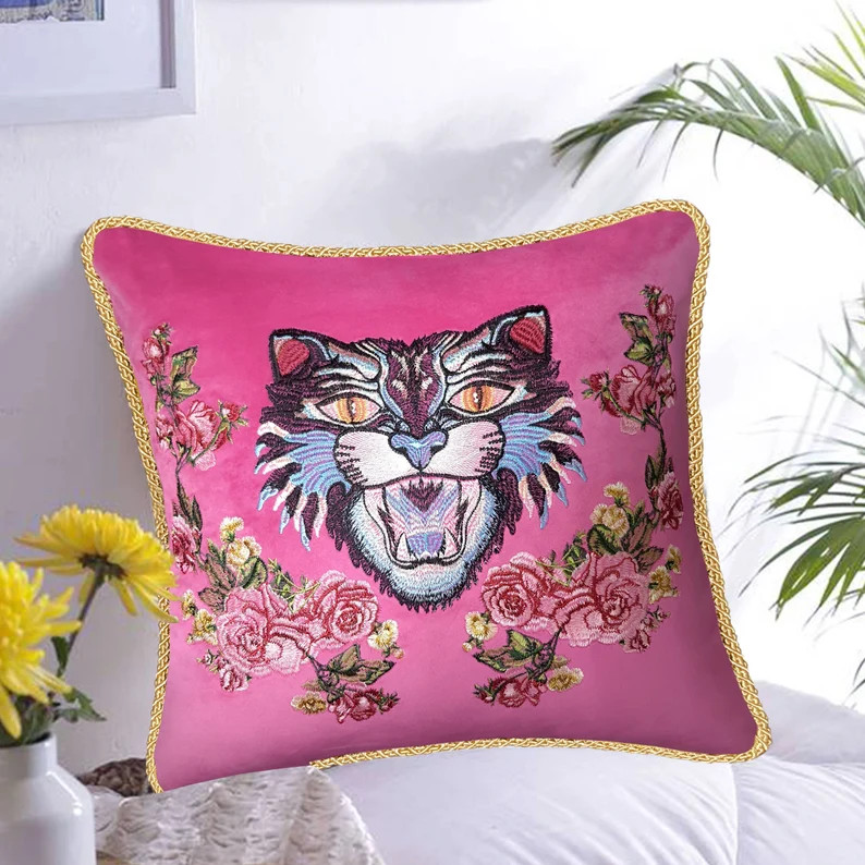 Pink Velvet Cushion Cover Angry Cat Embroidery Decorative - Etsy | Etsy (US)