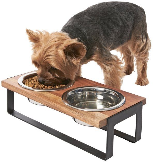 FRISCO Wood Elevated Non-Skid Stainless Steel Double Diner Dog & Cat Bowl, Black, 1.5 Cup - Chewy... | Chewy.com
