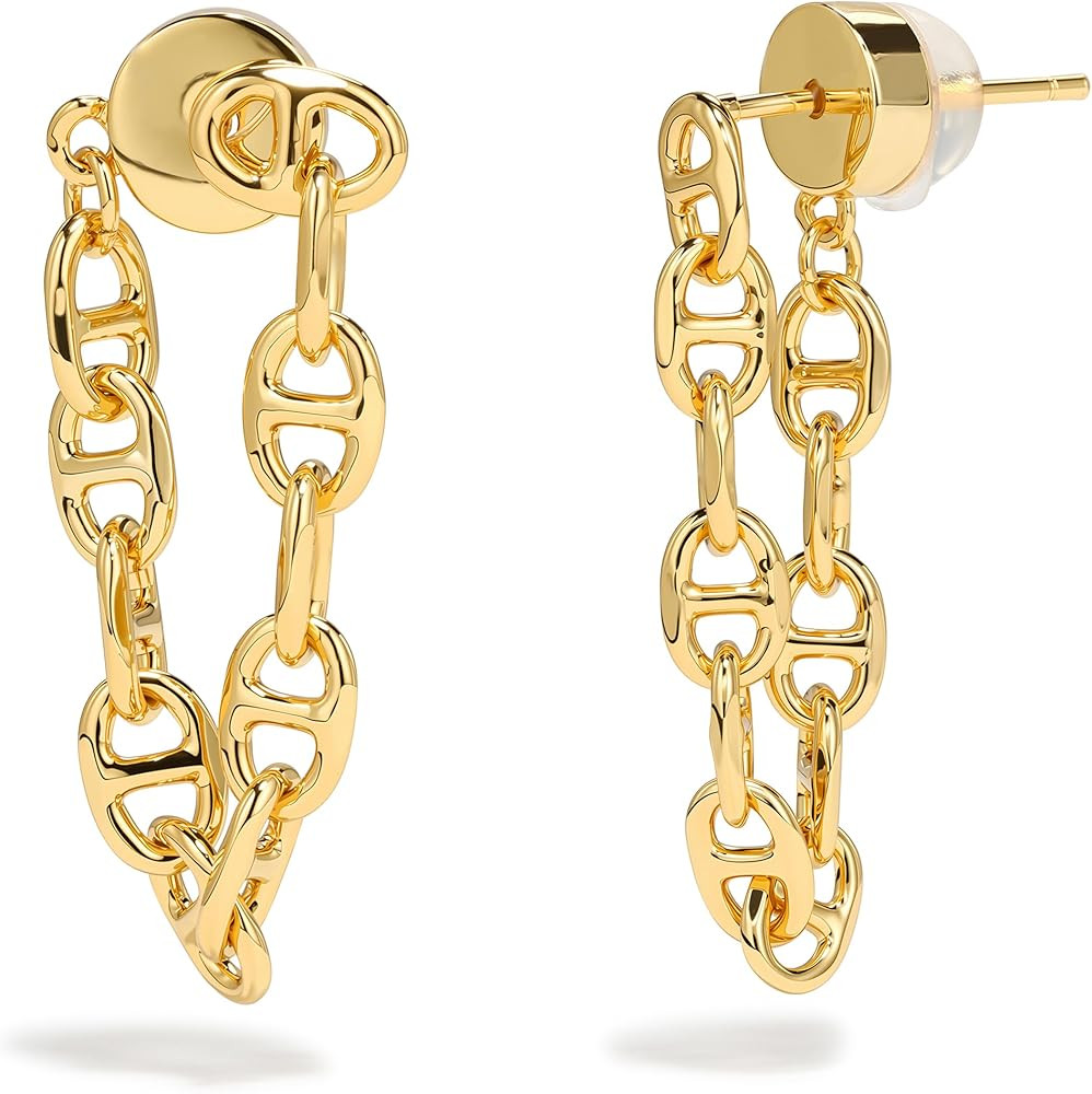 Gold Chain Earrings for Women, 18K Gold/Silver Plated Sterling Silver Posts Dangle Mariner Chain ... | Amazon (US)
