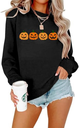 Teyseev Halloween Sweatshirt for Women: Pumpkin Face Long Sleeve Pullover Fall Spooky Season Graphic Sweater Top Black | Amazon (US)