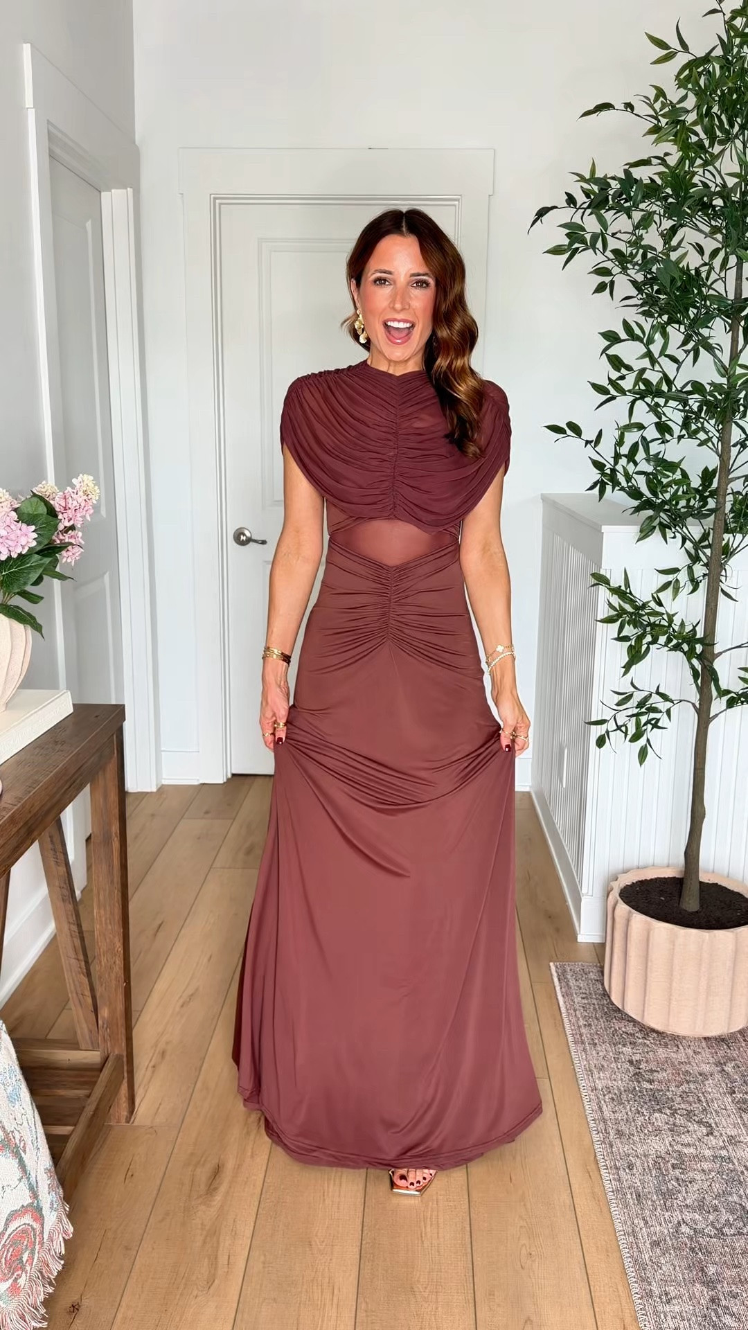 Such beautiful fall or winter wedding guest dresses. Brown mesh maxi dress. Fall wedding guest. Winter wedding guest. Cocktail dresses. Black-tie optional dresses. Party dresses. Wearing XS - would need to hem bottom.