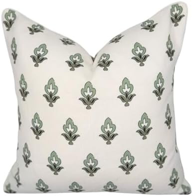 “The Poppy” Floral Block Print Pillow Cover – Green Leaf Decorative Throw Pillow Cover with... | Amazon (US)