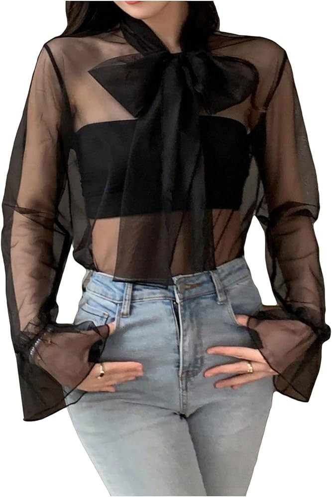 Milumia Women's Bow Tie Neck Bell Long Sleeve Mesh Top See Through Sheer Blouses | Amazon (US)