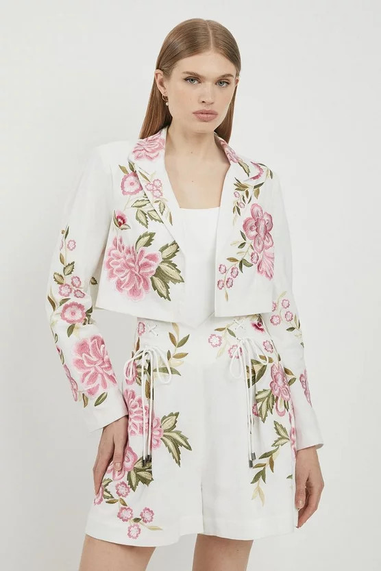 Lydia Millen Linen Embroidery Woven Cropped Blazer | Karen Millen US