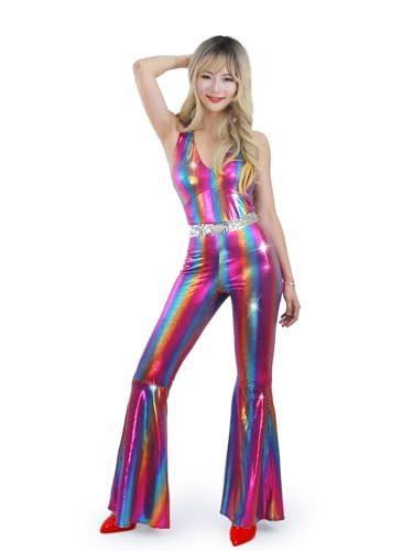 Nawgut Disco Outfit 70s 80s Prom Sparkle Flare Jumpsuit Party Costume Halloween Cosplay For Adult Women-Small | Amazon (US)