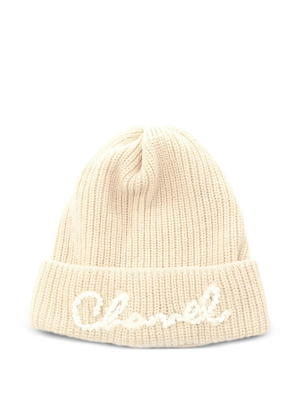 CHANEL Pre-Owned 1986-1988 beaded-logo ribbed-knit beanie hat - Neutrals | Farfetch Global