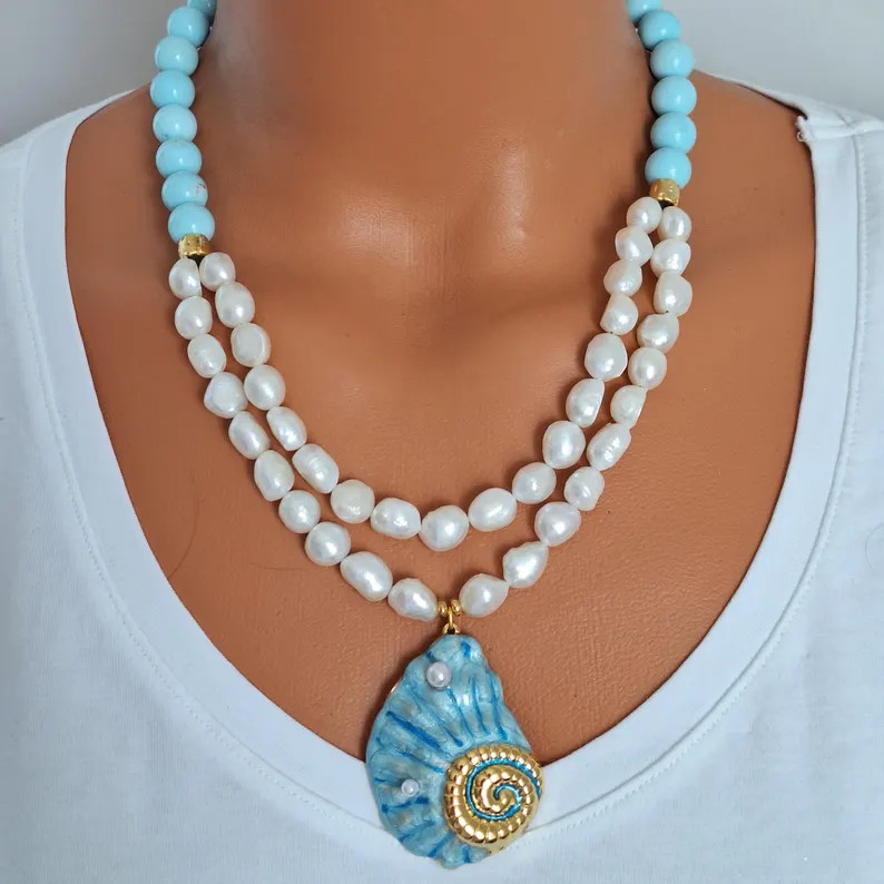 Turquoise & Baroque Pearl Necklace, Gold Plated Seashell Charm, Double Strand Jewelry - Etsy Isra... | Etsy (Global)