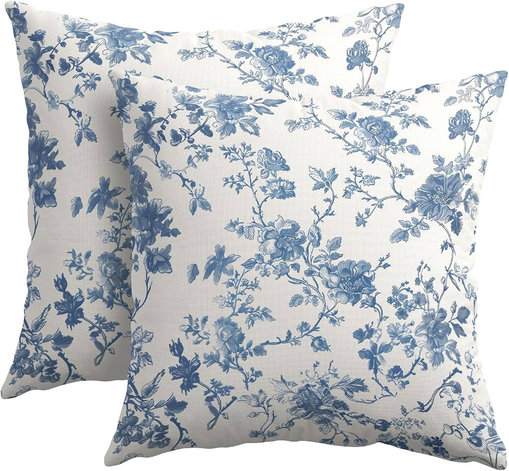 Kawani Blue Floral Pillow Covers 24x24 Inch Set of 2 Blue and Cream Chinoiserie Flower Outdoor De... | Amazon (US)