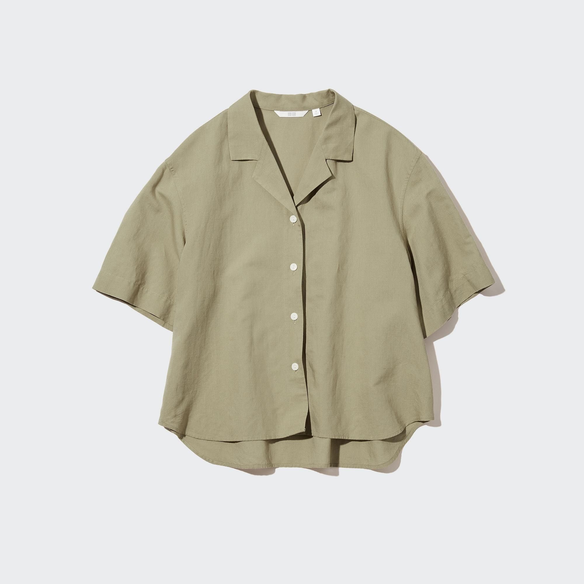 Linen-Blend Open Collar Short-Sleeve Shirt (Women) | UNIQLO US | UNIQLO (US)