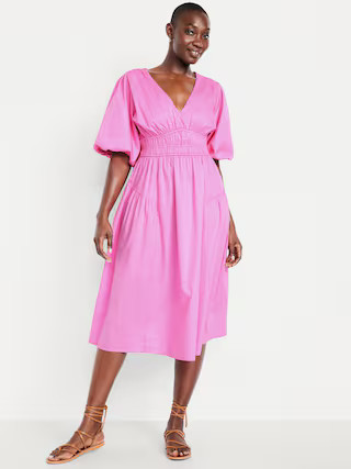 Waist-Defined Puff-Sleeve Midi Dress | Old Navy (US)