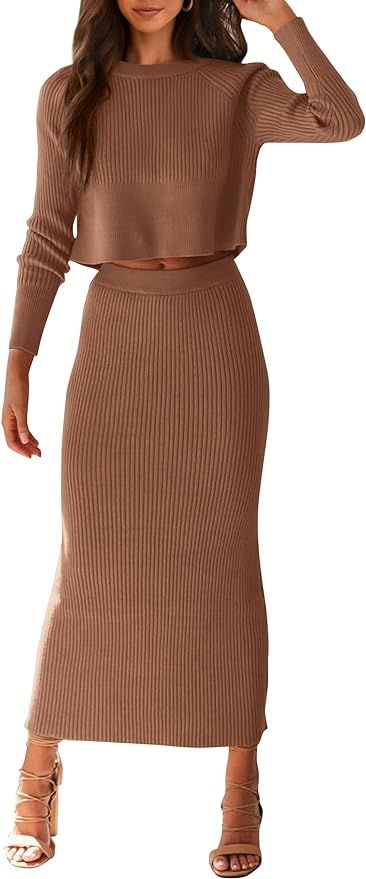 PRETTYGARDEN Women's Fall 2 Piece Sweater Set Rib Knit Long Sleeve Crop Top Maxi Bodycon Skirt Ca... | Amazon (US)