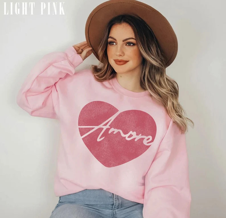 Valentines Day Sweatshirt Amore Valentine Heart Retro Love Valentine Gift for Her Gift for Her Un... | Etsy (US)
