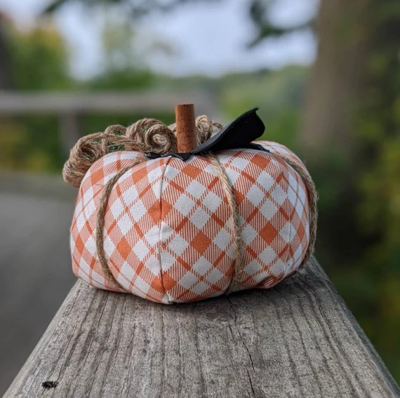 Plaid Fabric Pumpkin Orange White Stuffed Fall Home Decor - Etsy | Etsy (US)