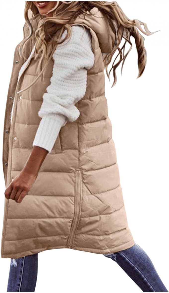 Women's Long Down Vest Sleeveless Hooded Jacket Plus Size Winter Warm Slim Zipper Coats Outdoor P... | Amazon (US)