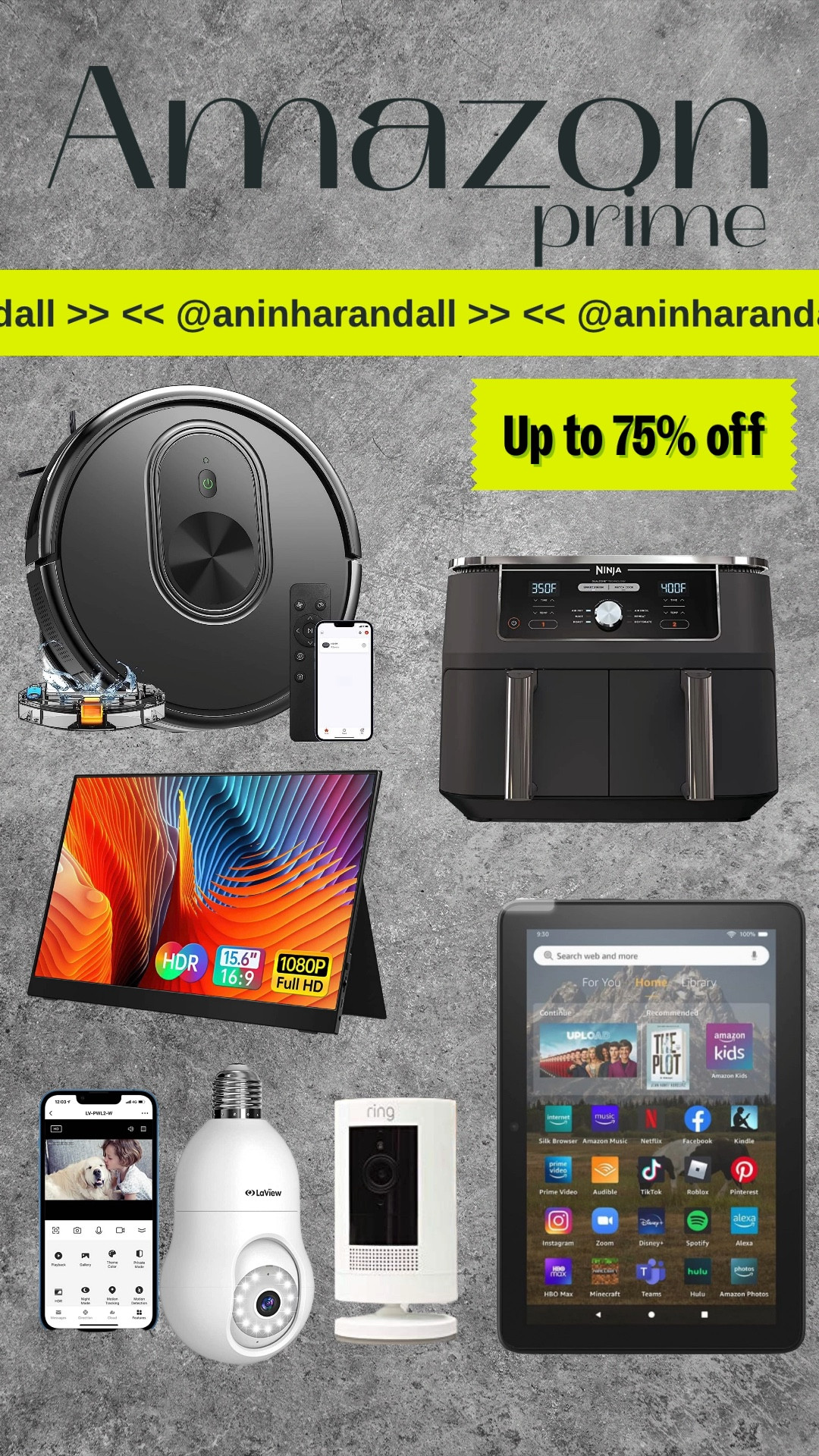 Amazon Prime | Top Deals | Certified Refurbished Ring Stick Up Cam Battery HD security camera with custom privacy controls, Simple setup, Works with Alexa - White | VILVA Portable-Monitor-for-Laptop - 15.6'' 1080P FHD IPS Display USB-C&HDMI Portable Monitor for Laptop with Cover and Speakers, External Monitor for Laptop/PC/Mac/Phone/Xbox Switch/PS4 | LaView 4MP Bulb Security Camera 2.4GHz,360° 2K Security Cameras Wireless Outdoor Indoor Full Color Day and Night, Motion Detection, Audible Alarm, Easy Installation, Compatible with Alexa | Robot Vacuum and Mop Combo, 3 in 1 Mopping Robotic Vacuum with Schedule, App/Bluetooth/Alexa, 1600Pa Max Suction, Self-Charging Robot Vacuum Cleaner, Slim, Ideal for Hard Floor, Pet Hair, Carpet | Ninja DZ401 Foodi 10 Quart 6-in-1 DualZone XL 2-Basket Air Fryer with 2 Independent Frying Baskets, Match Cook & Smart Finish to Roast, Broil, Dehydrate & More for Quick, Easy Family-Sized Meals, Grey | Amazon Fire HD 8 tablet, 8” HD Display, 32 GB, 30% faster processor, designed for portable entertainment, (2022 release), Black

#LTKsalealert #LTKFind #LTKhome