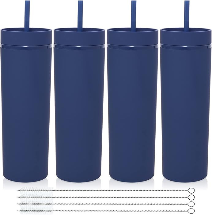Volhoply 20oz Plastic Skinny Tumblers Bulk 4 Pack,Double Wall Tumbler with Lid and Straw,Reusable... | Amazon (US)