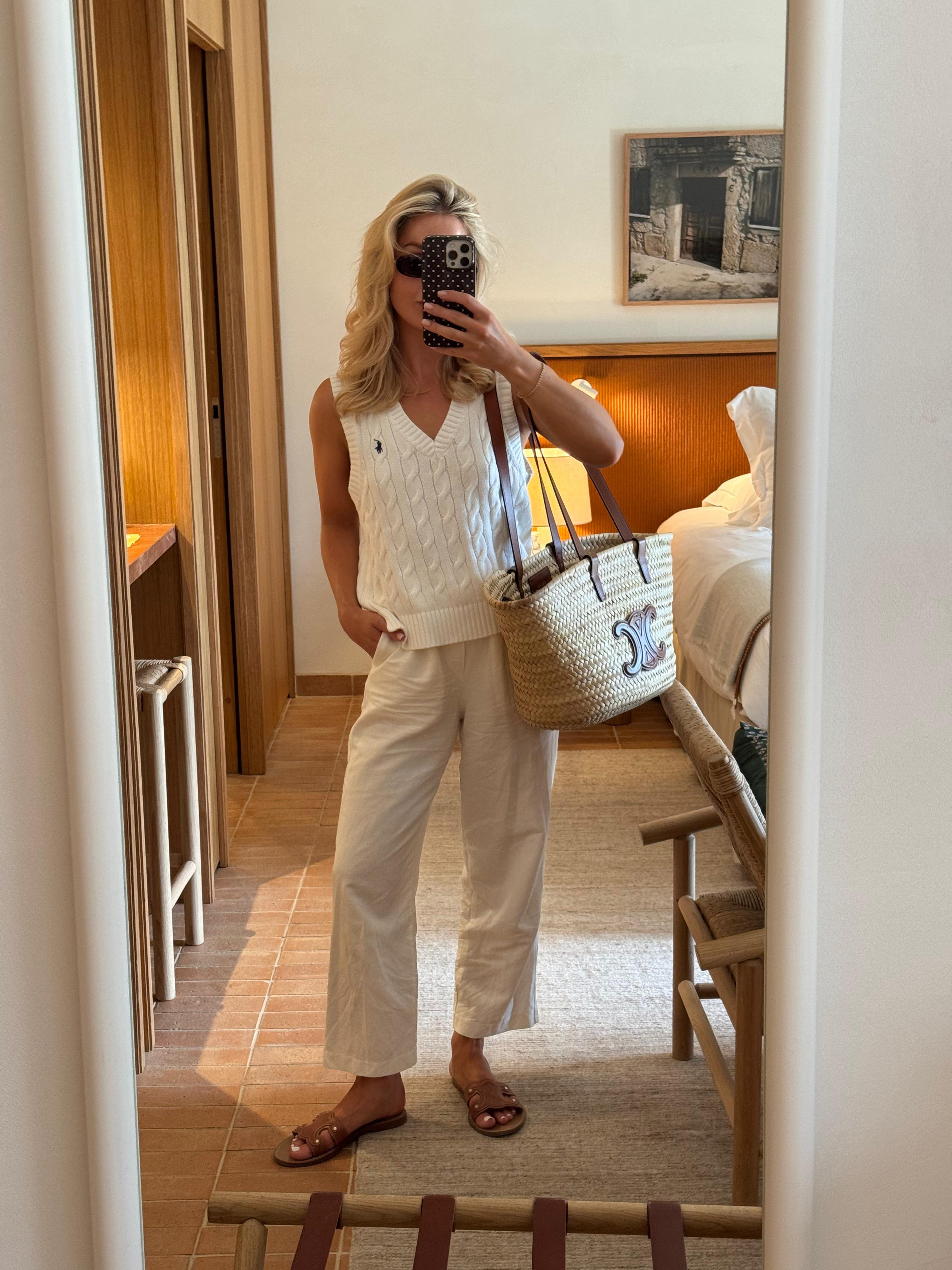 Easy summer outfit ideas, linen trousers, H&M, Ralph Lauren cable knit sleeveless jumper, Selfridges, Celine bag, summer style, holiday outfit, transitional outfit  

 #LTKuk #LTKsummer #LTKstyletip