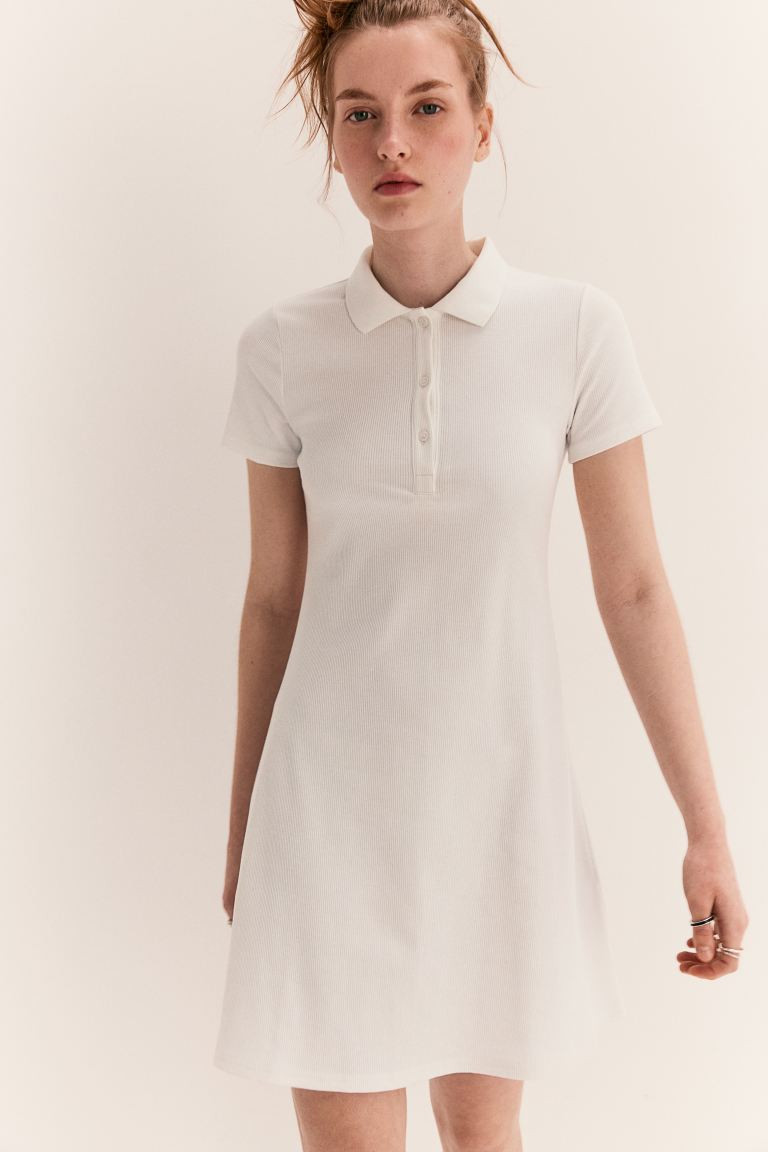 Collared Ribbed Dress - Short sleeve - Short - Cream - Ladies | H&M US | H&M (US + CA)