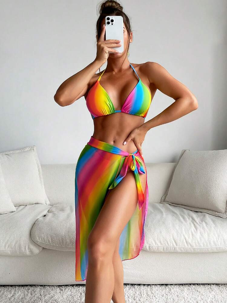Rainbow Stripe Halter Triangle Bikini Swimsuit With Beach Skirt
       
              
          ... | SHEIN