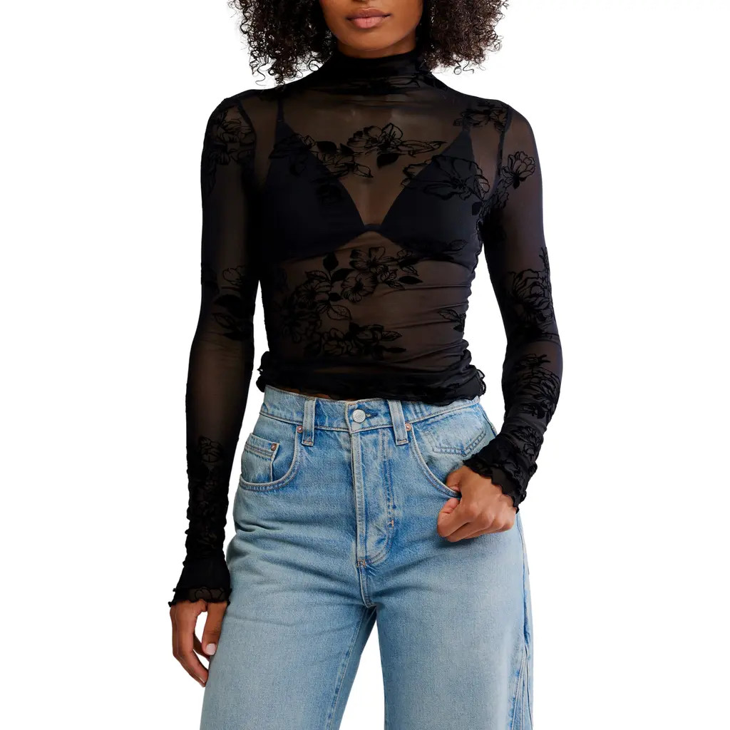 Free People You Decide Lace Mesh Top in Black at Nordstrom, Size Medium | Nordstrom