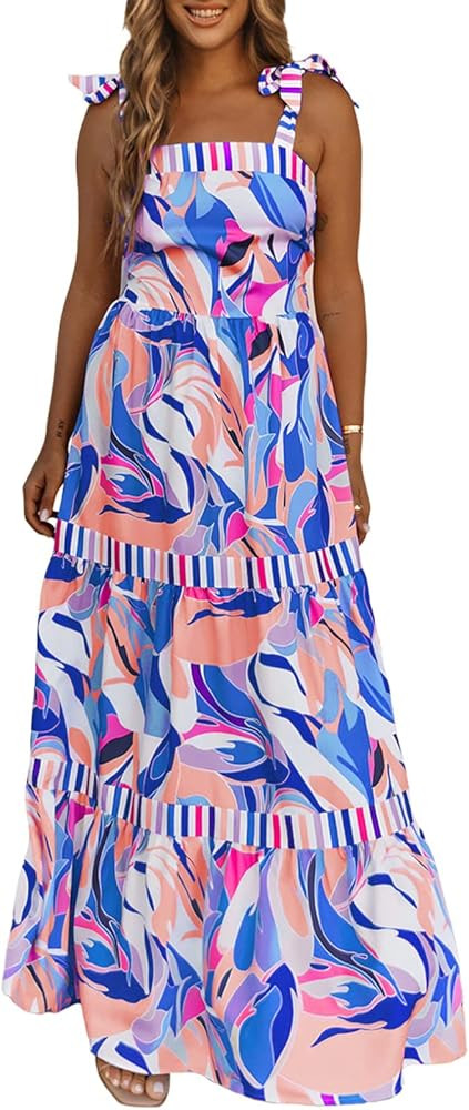 AlvaQ Women's 2024 Summer Sleeveless Floral Print Maxi Dress Strap Square Neck Beach Sun Dress | Amazon (US)