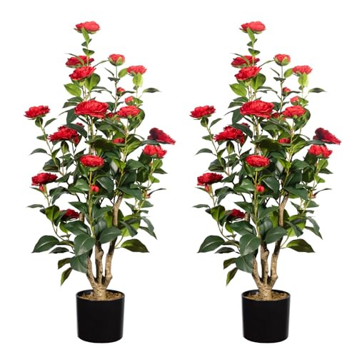 Romantic Season 2Pack Artificial Camellia Tree, 3FT, Red Faux Camellia Plant, Fake Potted Flower Tree for Modern Homes | Amazon (US)