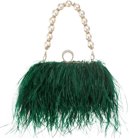 Women Real Natural Ostrich Feather Evening Bags Purses Clutch Vintage Banquet Handbag | Amazon (US)