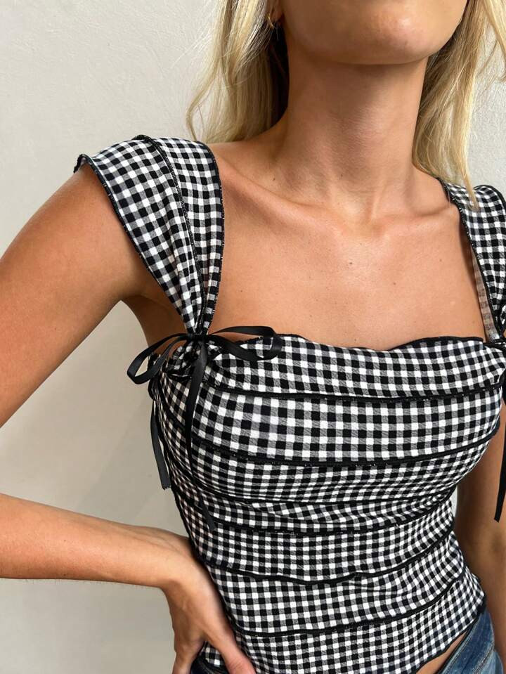SHEIN Aloruh Women Summer Top Casual Grid Pattern Slim Fit Cropped Tank Top With Bow Decoration | SHEIN