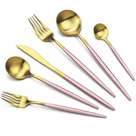 Snplowum 36-Pieces Silverware Mirror Polished Dinnerware Gold Flatware With Pink Handle, 18/0 Stainl | Amazon (US)