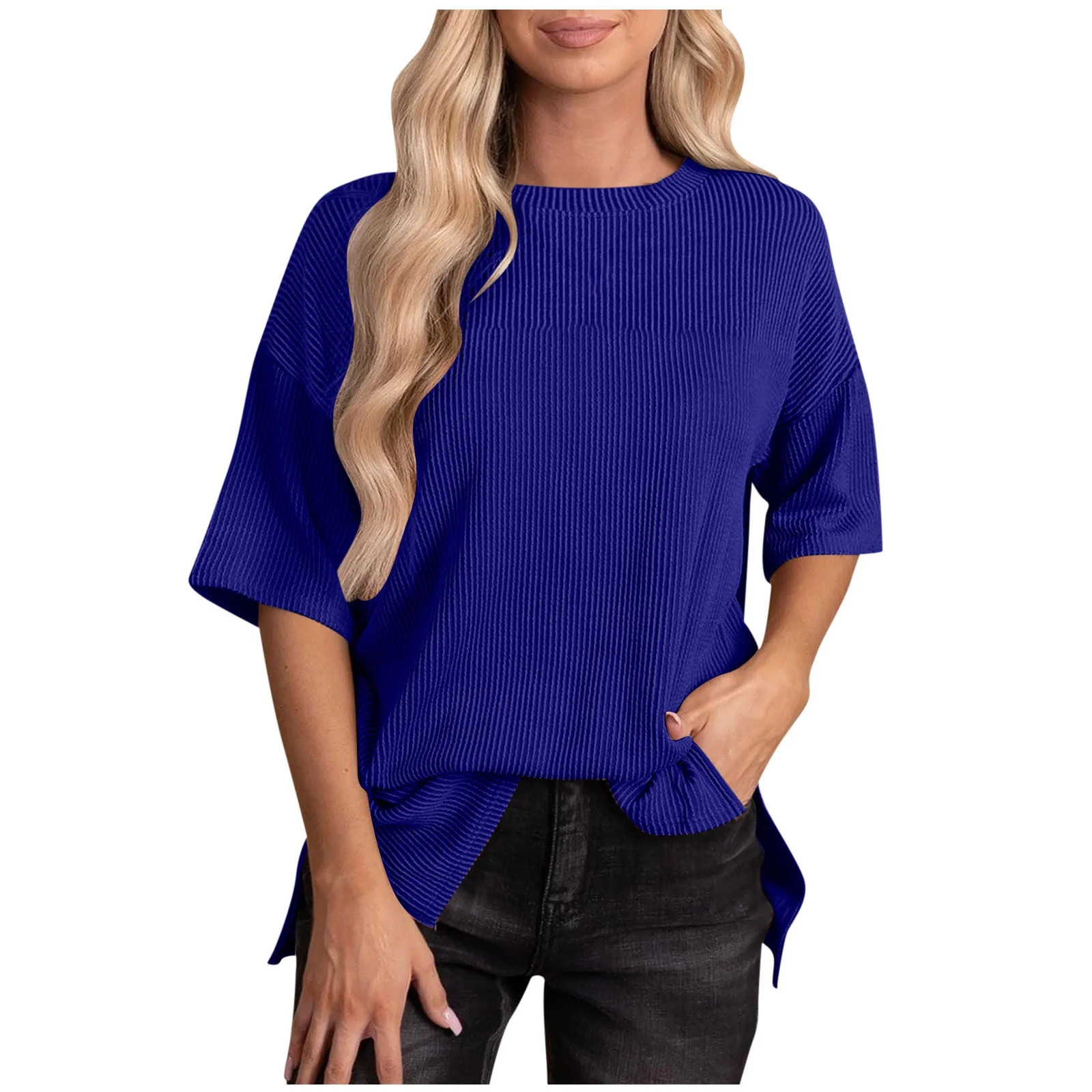 Oversized Ribbed Tops for Women Round Neck 3/4 Sleeve Trendy Casual Loose Fit Basic T-Shirts Pull... | Walmart (US)