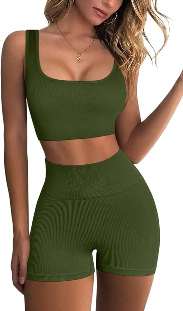 QINSEN Workout Sets for Women 2 Piece Seamless Ribbed Crop Tank High Waist Shorts Yoga Outfits | Amazon (US)