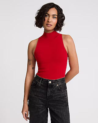 Crepe Knit Body Contour Mock Neck Sweater Bodysuit | Express